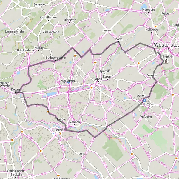 Map miniature of "Scenic Road Ride to Barßel" cycling inspiration in Weser-Ems, Germany. Generated by Tarmacs.app cycling route planner