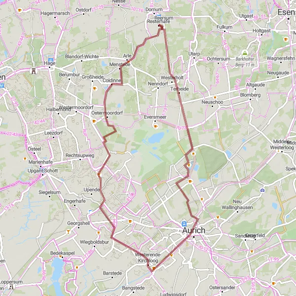 Karten-Miniaturansicht der Radinspiration "Rund um Aurich: Küsten und Dörfer" in Weser-Ems, Germany. Erstellt vom Tarmacs.app-Routenplaner für Radtouren