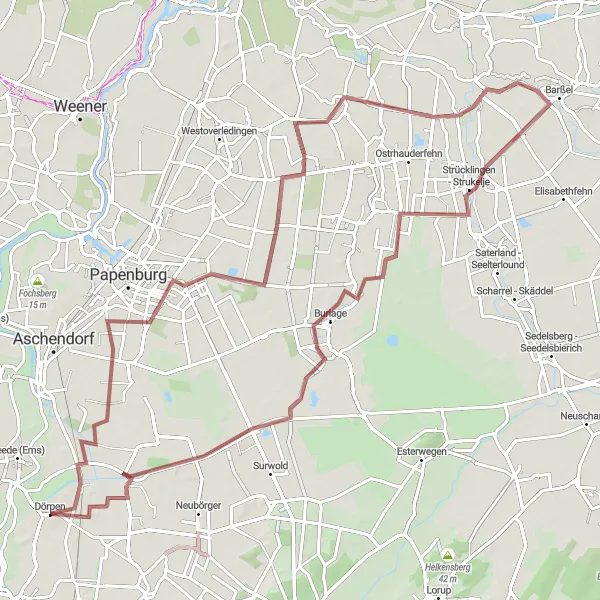 Map miniature of "Exploring the Gravel Trails around Dörpen" cycling inspiration in Weser-Ems, Germany. Generated by Tarmacs.app cycling route planner