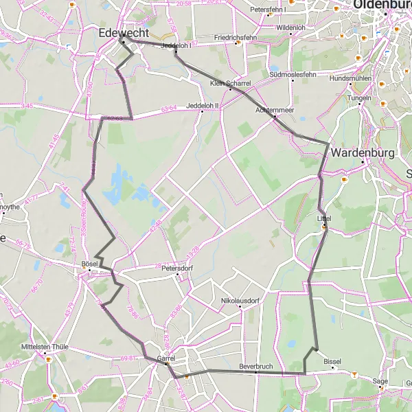 Karten-Miniaturansicht der Radinspiration "Fahrradtour zu idyllischen Dörfern um Edewecht" in Weser-Ems, Germany. Erstellt vom Tarmacs.app-Routenplaner für Radtouren