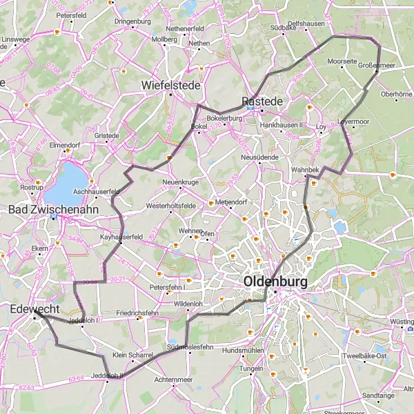Karten-Miniaturansicht der Radinspiration "Radtour von Edewecht nach Jeddeloh II und zurück" in Weser-Ems, Germany. Erstellt vom Tarmacs.app-Routenplaner für Radtouren