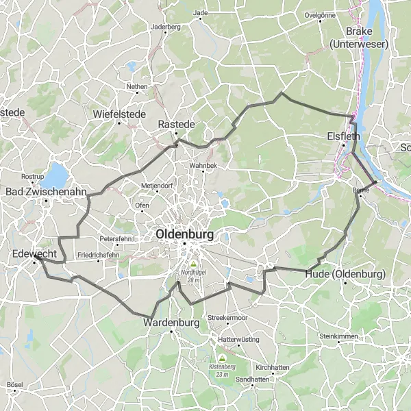 Map miniature of "The Rastede Castle Route" cycling inspiration in Weser-Ems, Germany. Generated by Tarmacs.app cycling route planner