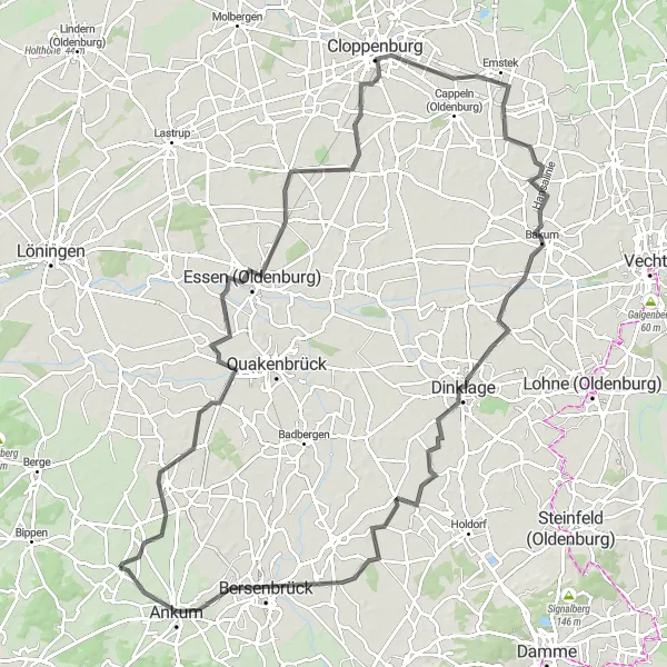 Map miniature of "Nortrup to Cloppenburg Road Tour" cycling inspiration in Weser-Ems, Germany. Generated by Tarmacs.app cycling route planner