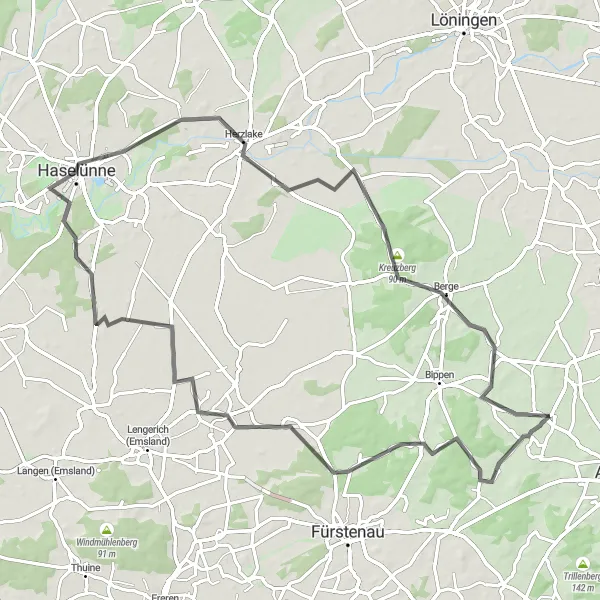 Map miniature of "Haselünne Tour" cycling inspiration in Weser-Ems, Germany. Generated by Tarmacs.app cycling route planner