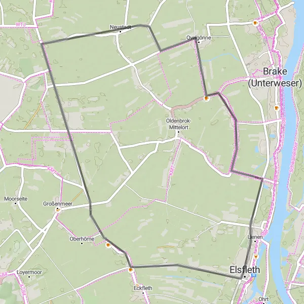 Map miniature of "Ovelgönne Delight (Road)" cycling inspiration in Weser-Ems, Germany. Generated by Tarmacs.app cycling route planner