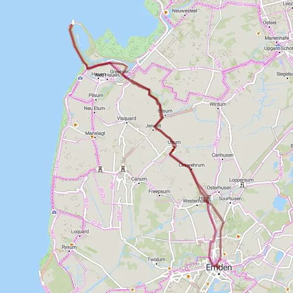 Map miniature of "Gravel Routes near Emden" cycling inspiration in Weser-Ems, Germany. Generated by Tarmacs.app cycling route planner