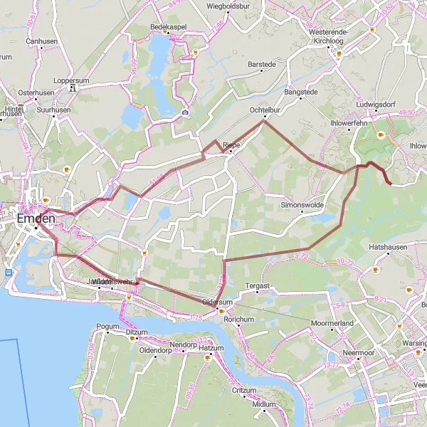 Map miniature of "Coastal Loop" cycling inspiration in Weser-Ems, Germany. Generated by Tarmacs.app cycling route planner