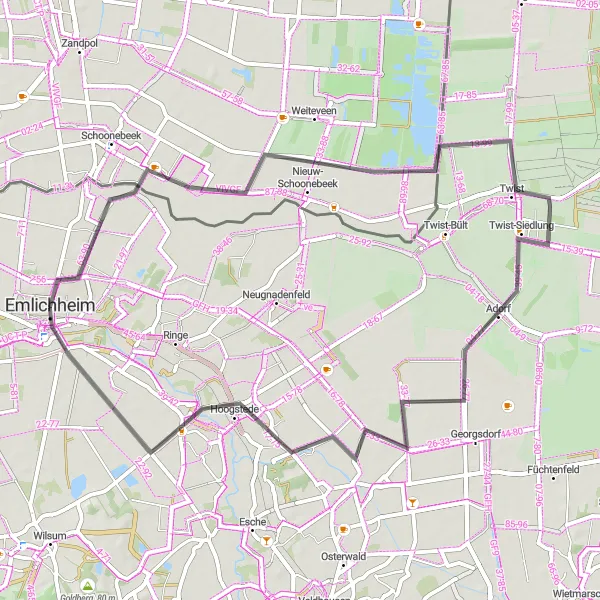 Karten-Miniaturansicht der Radinspiration "Erkundungstour von Emlichheim nach Hoogstede" in Weser-Ems, Germany. Erstellt vom Tarmacs.app-Routenplaner für Radtouren