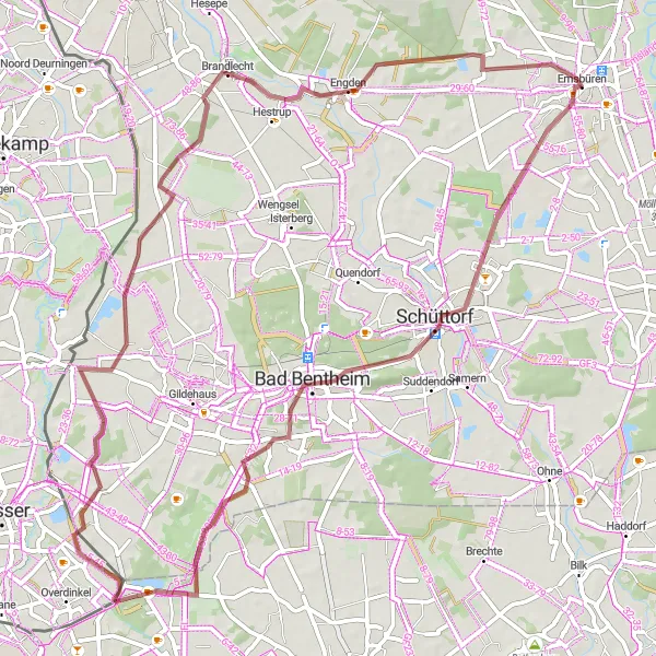 Map miniature of "Gravel Route around Emsbüren" cycling inspiration in Weser-Ems, Germany. Generated by Tarmacs.app cycling route planner