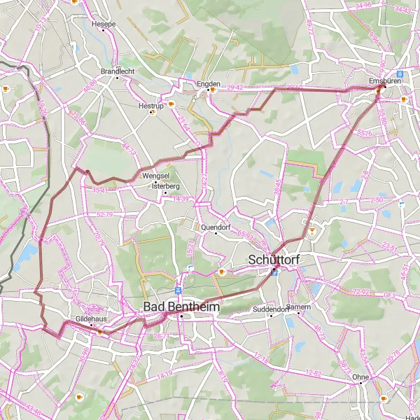 Map miniature of "Gravel Adventure near Emsbüren" cycling inspiration in Weser-Ems, Germany. Generated by Tarmacs.app cycling route planner