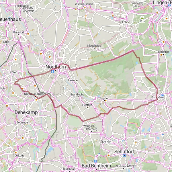 Map miniature of "Gravel Ride to Nordhorn" cycling inspiration in Weser-Ems, Germany. Generated by Tarmacs.app cycling route planner