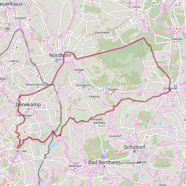 Map miniature of "Gravel Ride to Nordhorn and Beuningen" cycling inspiration in Weser-Ems, Germany. Generated by Tarmacs.app cycling route planner