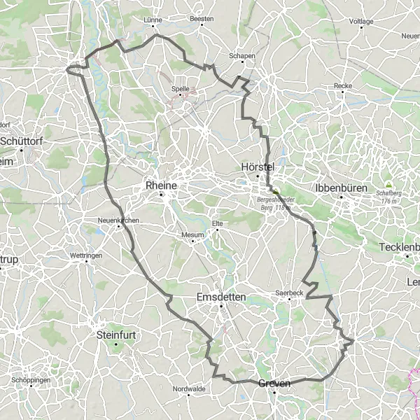 Map miniature of "Road Trip to Greven" cycling inspiration in Weser-Ems, Germany. Generated by Tarmacs.app cycling route planner