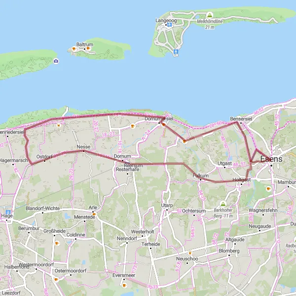 Map miniature of "Coastal Gravel Trail" cycling inspiration in Weser-Ems, Germany. Generated by Tarmacs.app cycling route planner