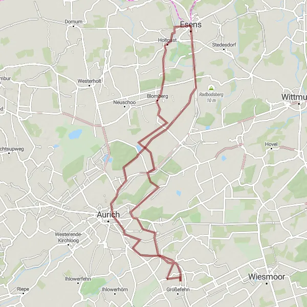 Map miniature of "Aurich and Plaggenburg Gravel Adventure" cycling inspiration in Weser-Ems, Germany. Generated by Tarmacs.app cycling route planner