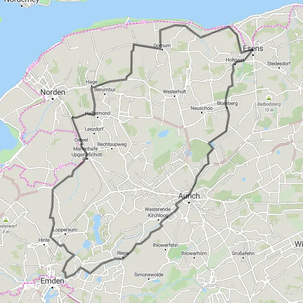Map miniature of "The Coastal Loop" cycling inspiration in Weser-Ems, Germany. Generated by Tarmacs.app cycling route planner