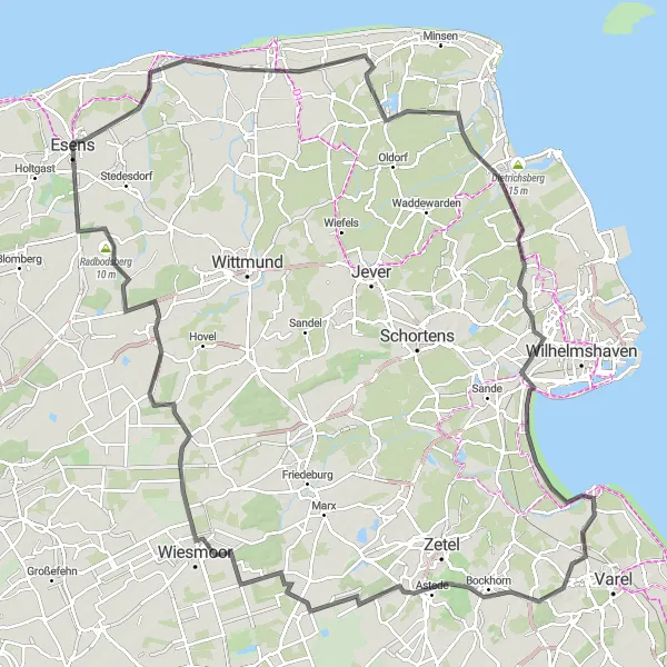 Map miniature of "Neuharlingersiel to Dangast Scenic Road Tour" cycling inspiration in Weser-Ems, Germany. Generated by Tarmacs.app cycling route planner