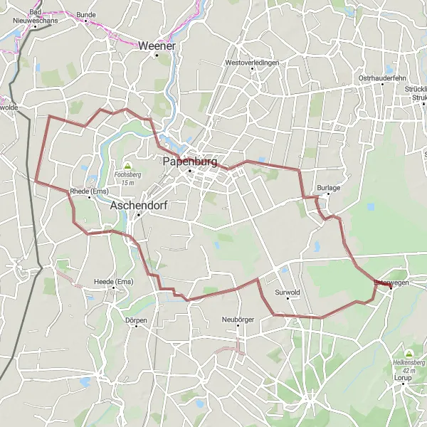 Map miniature of "Esterwegen Gravel Adventure" cycling inspiration in Weser-Ems, Germany. Generated by Tarmacs.app cycling route planner