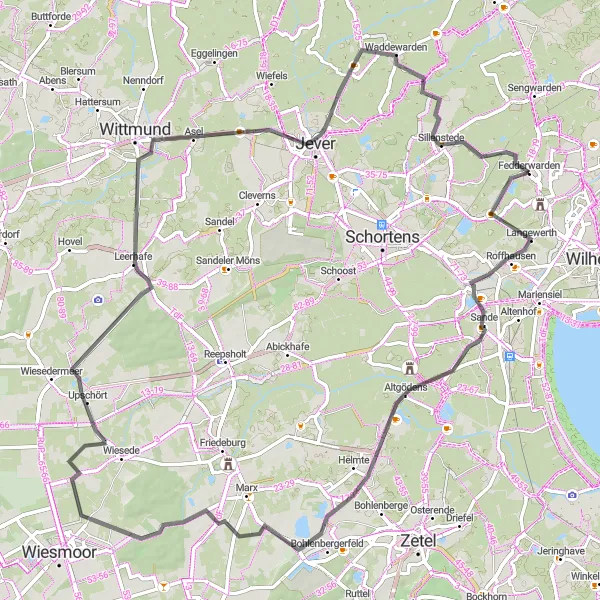 Map miniature of "Weser-Ems Road Cycling Adventure" cycling inspiration in Weser-Ems, Germany. Generated by Tarmacs.app cycling route planner
