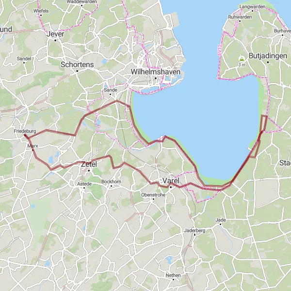 Map miniature of "The Friedeburg and Dangast Gravel Adventure" cycling inspiration in Weser-Ems, Germany. Generated by Tarmacs.app cycling route planner