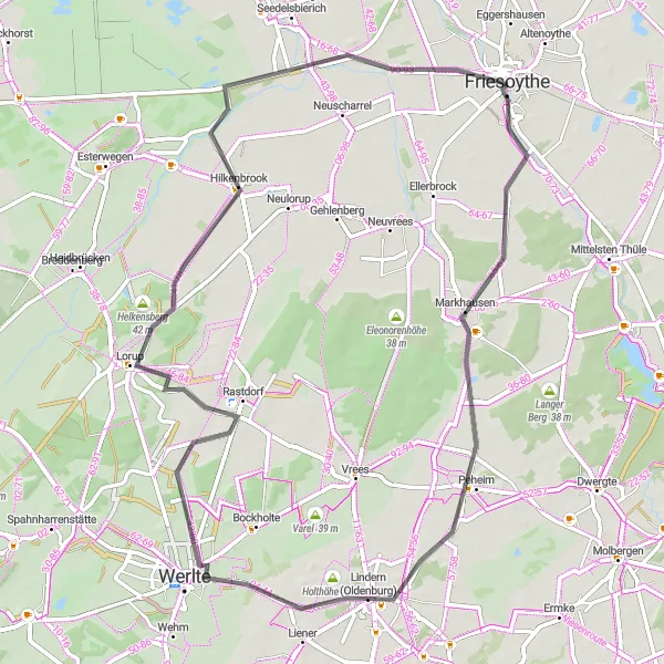 Map miniature of "Friesoythe Markhausen Loop" cycling inspiration in Weser-Ems, Germany. Generated by Tarmacs.app cycling route planner