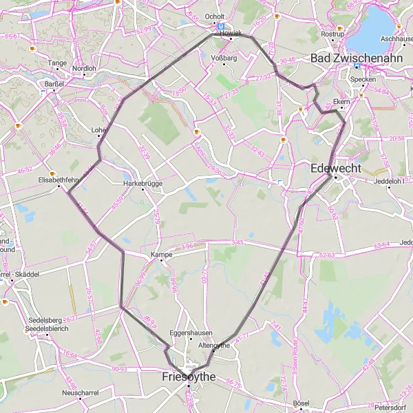 Map miniature of "Kamperfehn Loop" cycling inspiration in Weser-Ems, Germany. Generated by Tarmacs.app cycling route planner