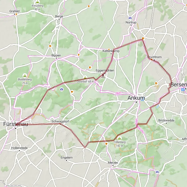 Map miniature of "Fürstenau to Trillenberg Gravel Cycling Route" cycling inspiration in Weser-Ems, Germany. Generated by Tarmacs.app cycling route planner