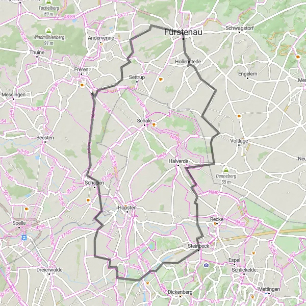 Map miniature of "Steinbeck Road Loop" cycling inspiration in Weser-Ems, Germany. Generated by Tarmacs.app cycling route planner