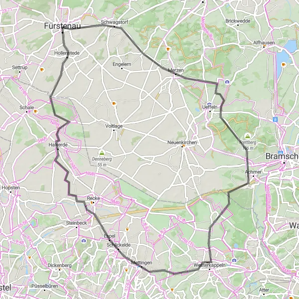 Map miniature of "Mettingen Exploration" cycling inspiration in Weser-Ems, Germany. Generated by Tarmacs.app cycling route planner