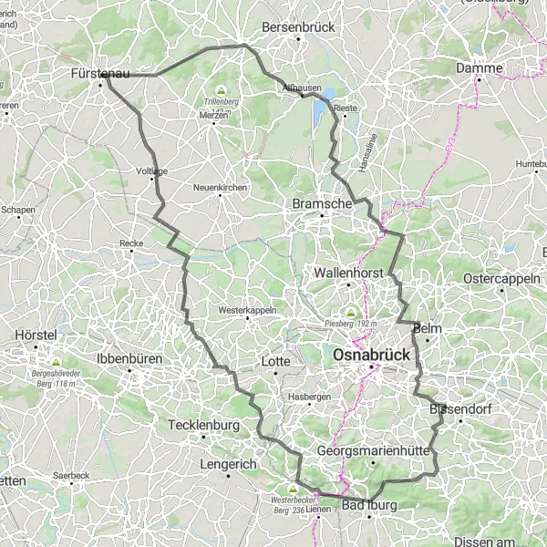 Map miniature of "Fürstenau to Voltlage Road Cycling Route" cycling inspiration in Weser-Ems, Germany. Generated by Tarmacs.app cycling route planner