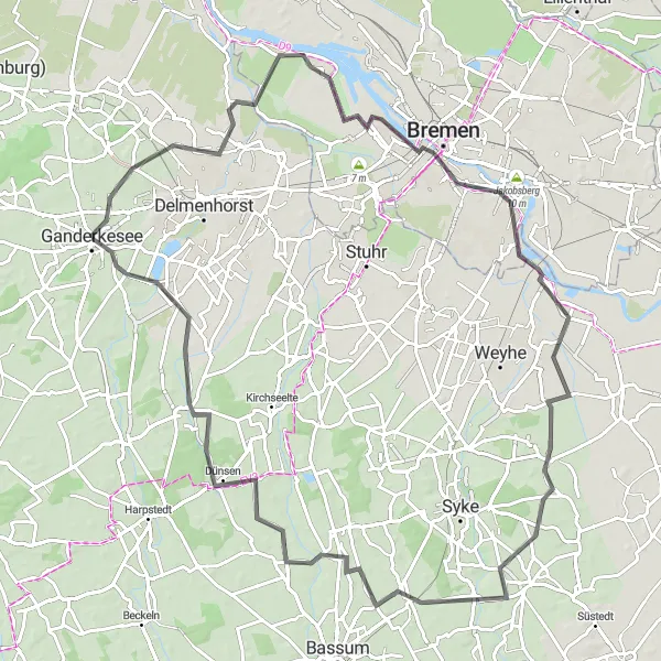 Map miniature of "Weser-Trek: Bremen to Hoyerswege" cycling inspiration in Weser-Ems, Germany. Generated by Tarmacs.app cycling route planner