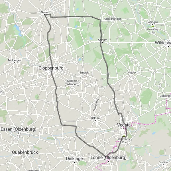 Map miniature of "Garrel to Cloppenburg Loop" cycling inspiration in Weser-Ems, Germany. Generated by Tarmacs.app cycling route planner