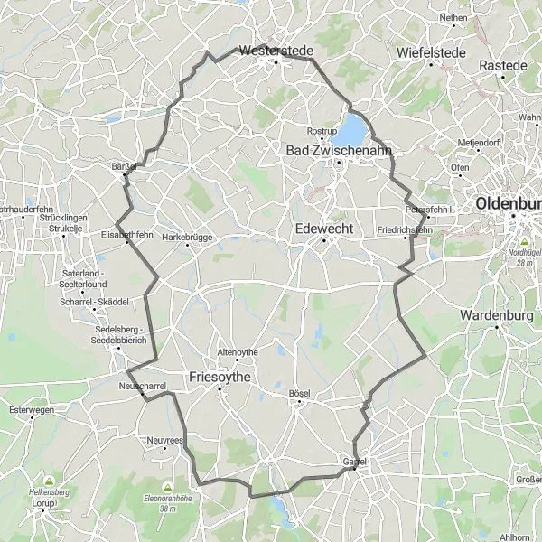 Map miniature of "Exploring Barßel and Zwischenahner Meer" cycling inspiration in Weser-Ems, Germany. Generated by Tarmacs.app cycling route planner