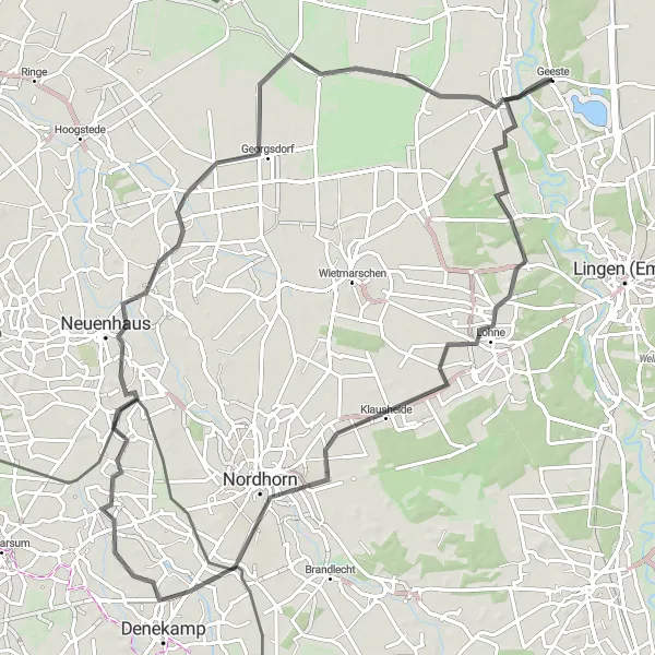 Map miniature of "Geeste Exploration" cycling inspiration in Weser-Ems, Germany. Generated by Tarmacs.app cycling route planner