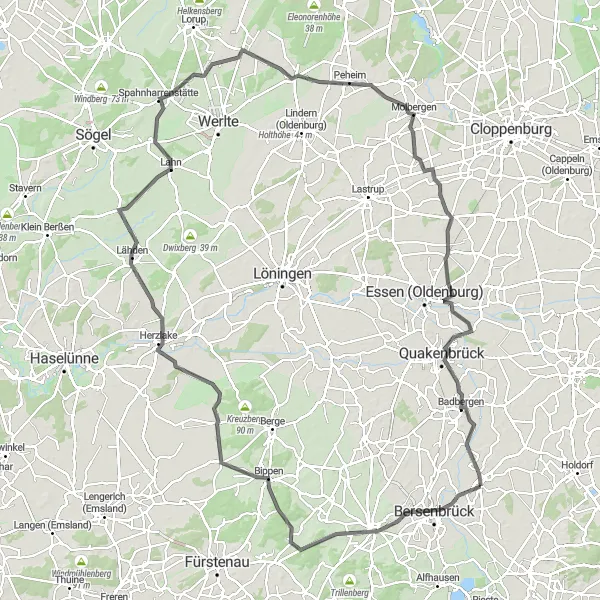 Map miniature of "The Long Journey through Weser-Ems" cycling inspiration in Weser-Ems, Germany. Generated by Tarmacs.app cycling route planner