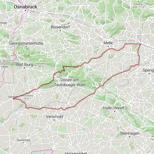 Karten-Miniaturansicht der Radinspiration "Trek durch Borgholzhausen" in Weser-Ems, Germany. Erstellt vom Tarmacs.app-Routenplaner für Radtouren