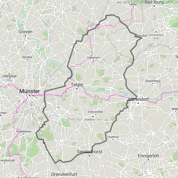 Map miniature of "Warendorf Marvels" cycling inspiration in Weser-Ems, Germany. Generated by Tarmacs.app cycling route planner