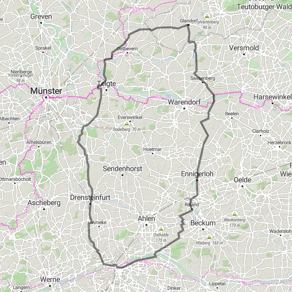 Map miniature of "Glandorf Gravel Adventure Cycling Route" cycling inspiration in Weser-Ems, Germany. Generated by Tarmacs.app cycling route planner