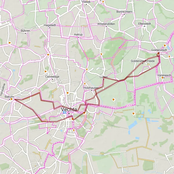 Map miniature of "Vechta Gravel Escape" cycling inspiration in Weser-Ems, Germany. Generated by Tarmacs.app cycling route planner