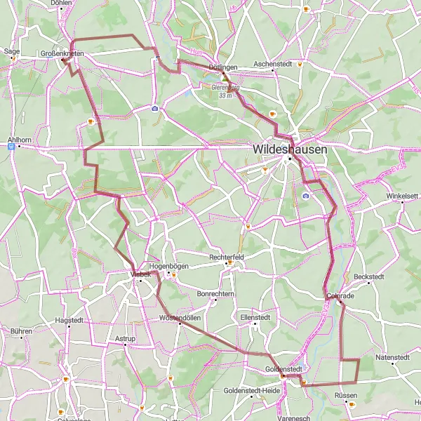 Karten-Miniaturansicht der Radinspiration "Abwechslungsreiche Gravelroute um Großenkneten" in Weser-Ems, Germany. Erstellt vom Tarmacs.app-Routenplaner für Radtouren