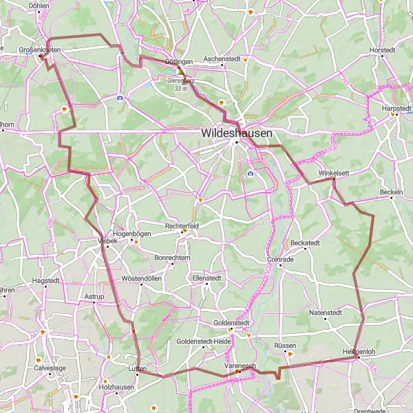 Map miniature of "Dötlingen and Visbek Gravel Ride" cycling inspiration in Weser-Ems, Germany. Generated by Tarmacs.app cycling route planner