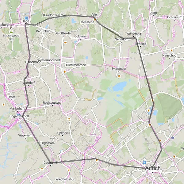 Karten-Miniaturansicht der Radinspiration "Kurzstrecken-Rundtour um Aurich" in Weser-Ems, Germany. Erstellt vom Tarmacs.app-Routenplaner für Radtouren