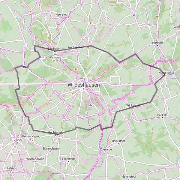 Map miniature of "Rechterfeld Loop" cycling inspiration in Weser-Ems, Germany. Generated by Tarmacs.app cycling route planner