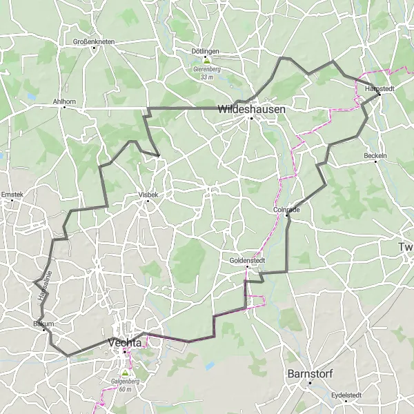 Karten-Miniaturansicht der Radinspiration "Herausfordernde Tour nach Vechta und Bühren" in Weser-Ems, Germany. Erstellt vom Tarmacs.app-Routenplaner für Radtouren