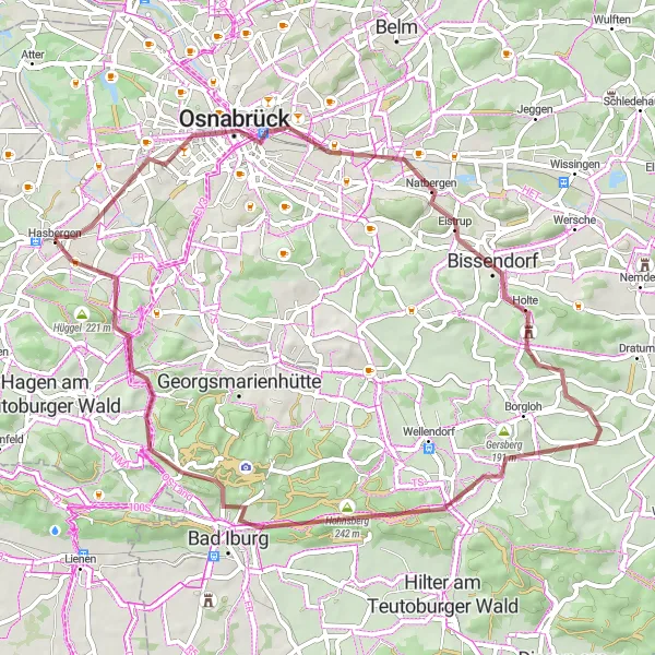 Map miniature of "Waterloo Bogen and Iburger Moorland gravel loop" cycling inspiration in Weser-Ems, Germany. Generated by Tarmacs.app cycling route planner