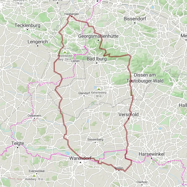 Map miniature of "Teutoburger Wald gravel adventure" cycling inspiration in Weser-Ems, Germany. Generated by Tarmacs.app cycling route planner