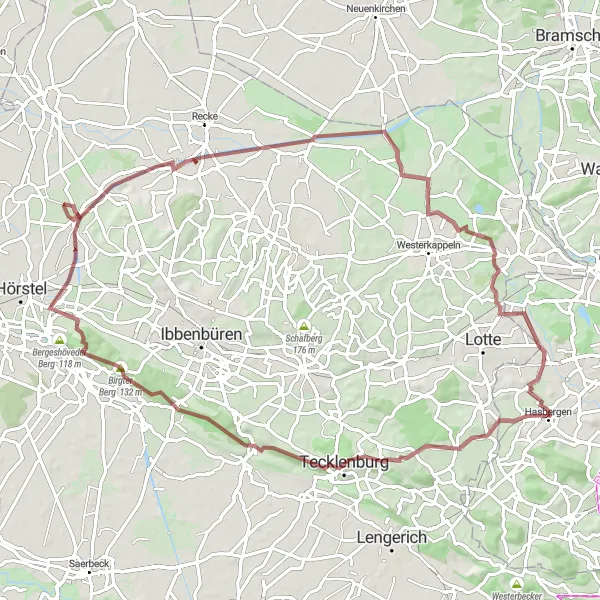 Map miniature of "Hasbergen Gravel Adventure" cycling inspiration in Weser-Ems, Germany. Generated by Tarmacs.app cycling route planner