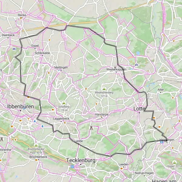 Map miniature of "The Hasbergen Loop" cycling inspiration in Weser-Ems, Germany. Generated by Tarmacs.app cycling route planner