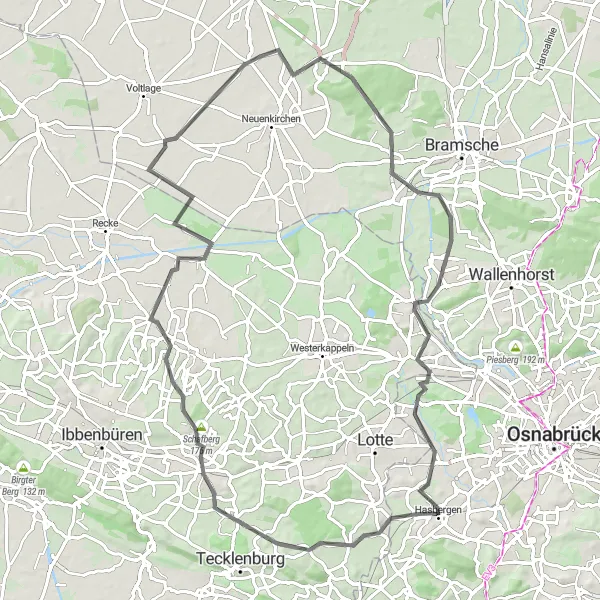 Map miniature of "Hasbergen and Atterloop road bike tour" cycling inspiration in Weser-Ems, Germany. Generated by Tarmacs.app cycling route planner