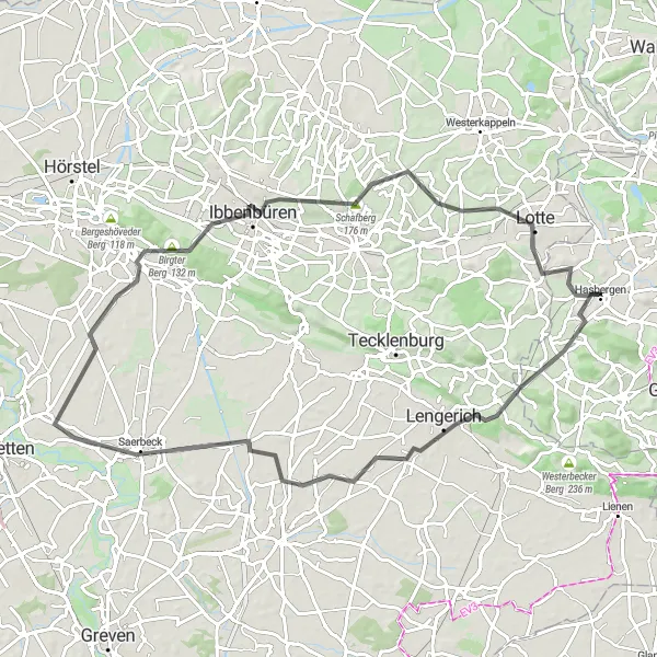 Map miniature of "The Hasbergen Challenge" cycling inspiration in Weser-Ems, Germany. Generated by Tarmacs.app cycling route planner